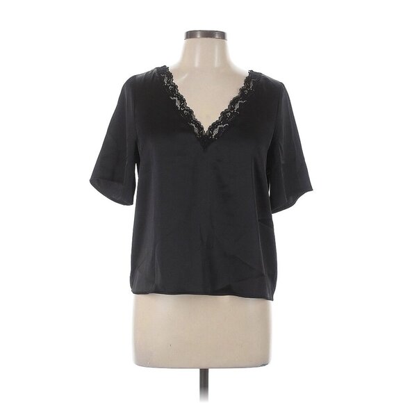 Joie Black Lace Trimmed V-Neck Short Sleeve Blouse Womens Size S New - Picture 2 of 5